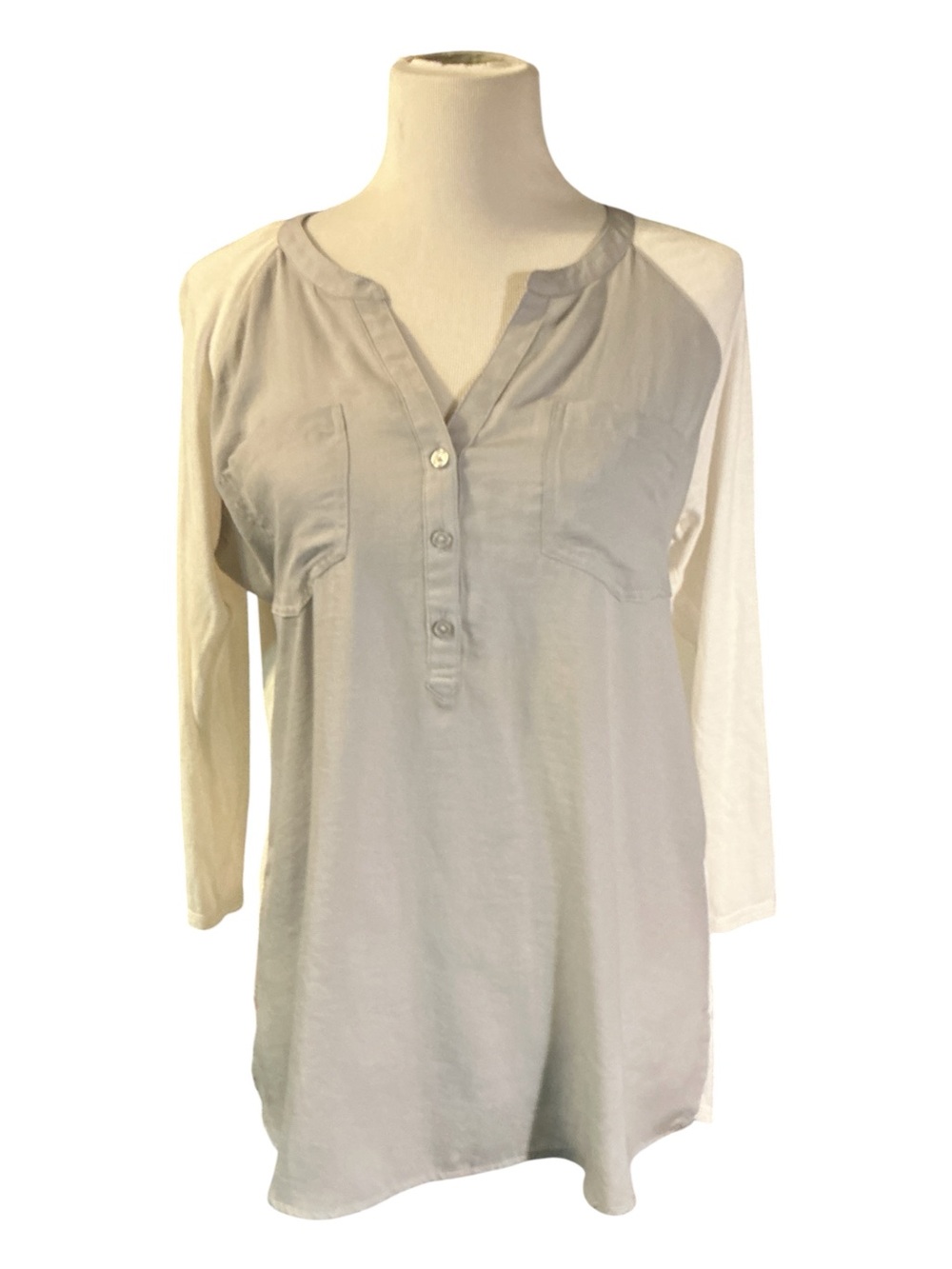 Light Gray and White Long-Sleeve Henley Tunic Top